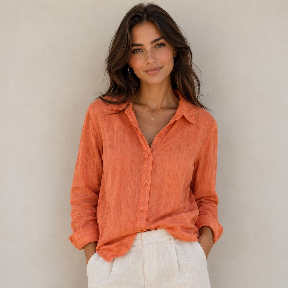 JM Collection Woman orange linen button up shirt 22W